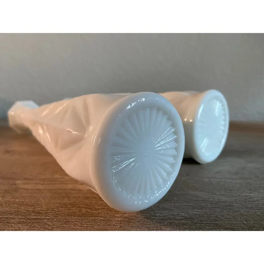 A Pair of Vintage White Milk Glass Starburst Pattern Bud Vases Octagonal Rim